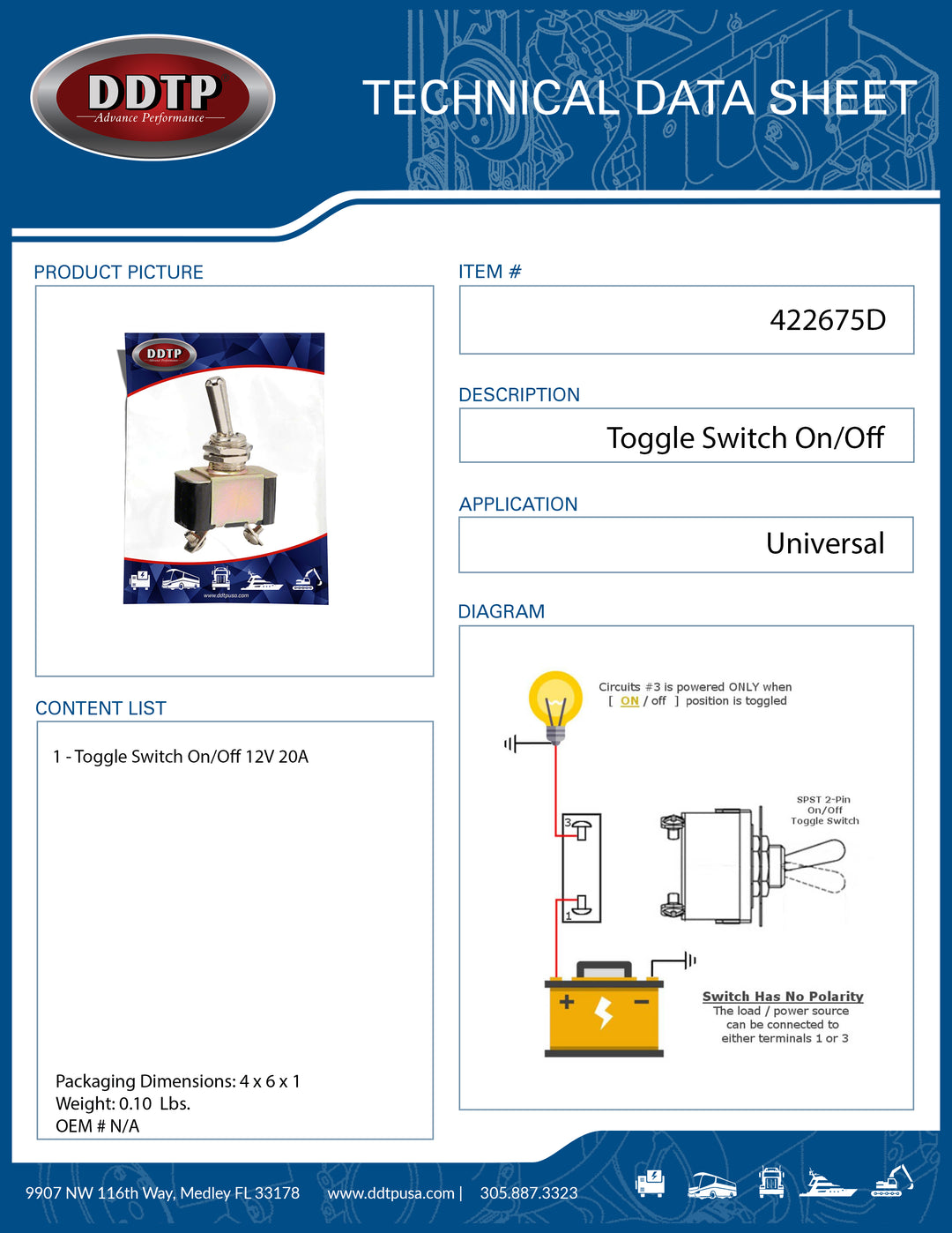 Toggle Switch On/Off 12V 20A ( 422675D )