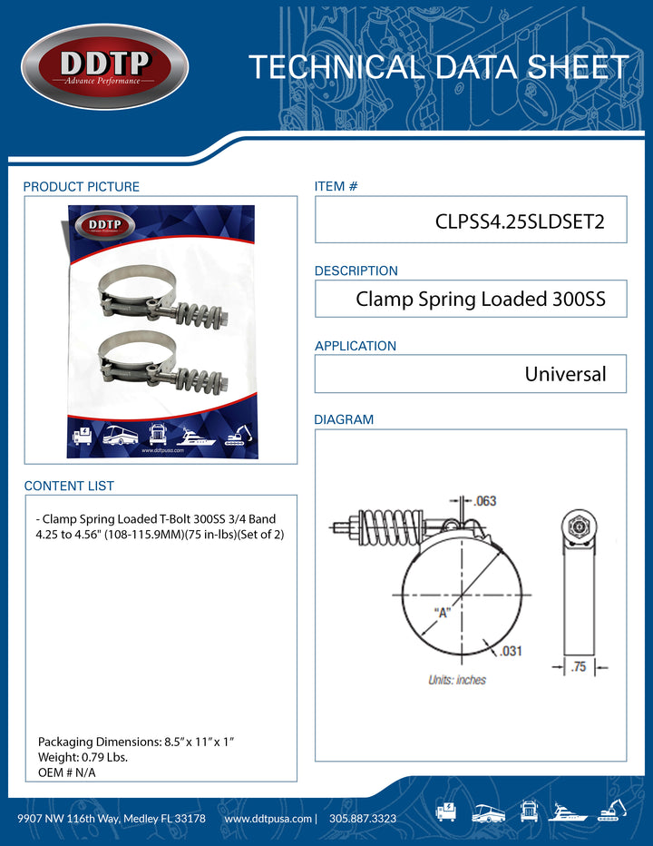Clamp Spring Loaded T-Bolt 300SS 3/4 Band 4.25 to 4.56" (108-115.9MM)(75 in-lbs)(Set of 2)