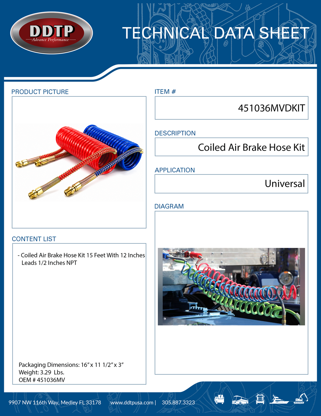 Kit de aire en espiral de 15 pies con cables de 12 pulgadas y 1/2" NPT