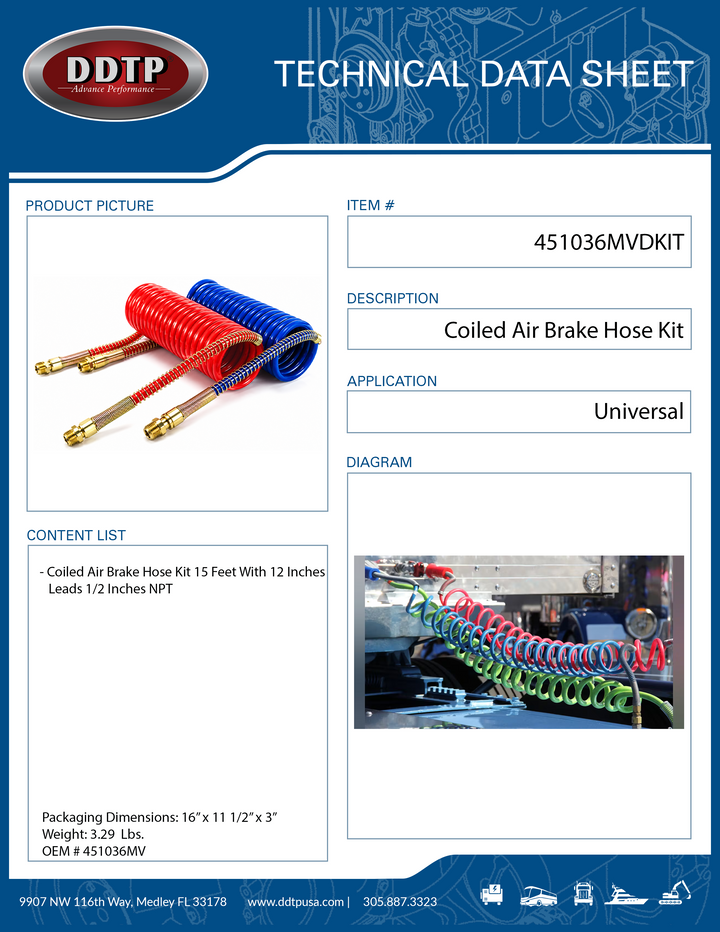 Kit de aire en espiral de 15 pies con cables de 12 pulgadas y 1/2" NPT