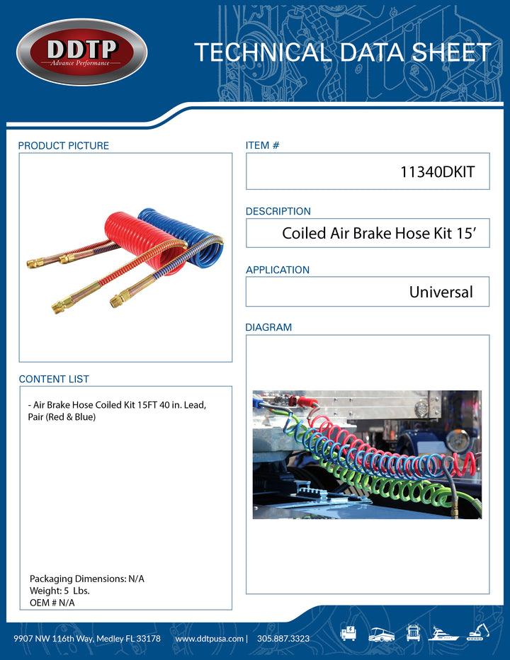 Coiled Air Brake Hose Kit 15 FT with 40 in. Lead, Pair (Red & Blue)