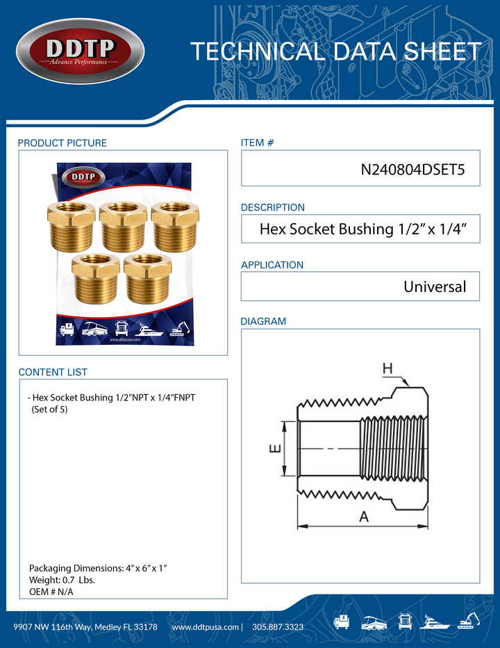 Casquillo hexagonal de 1/2" NPT x 1/4" FNPT (juego de 5)