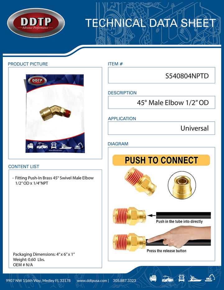 45° Male Elbow 1/2" OD x 1/4" NPT