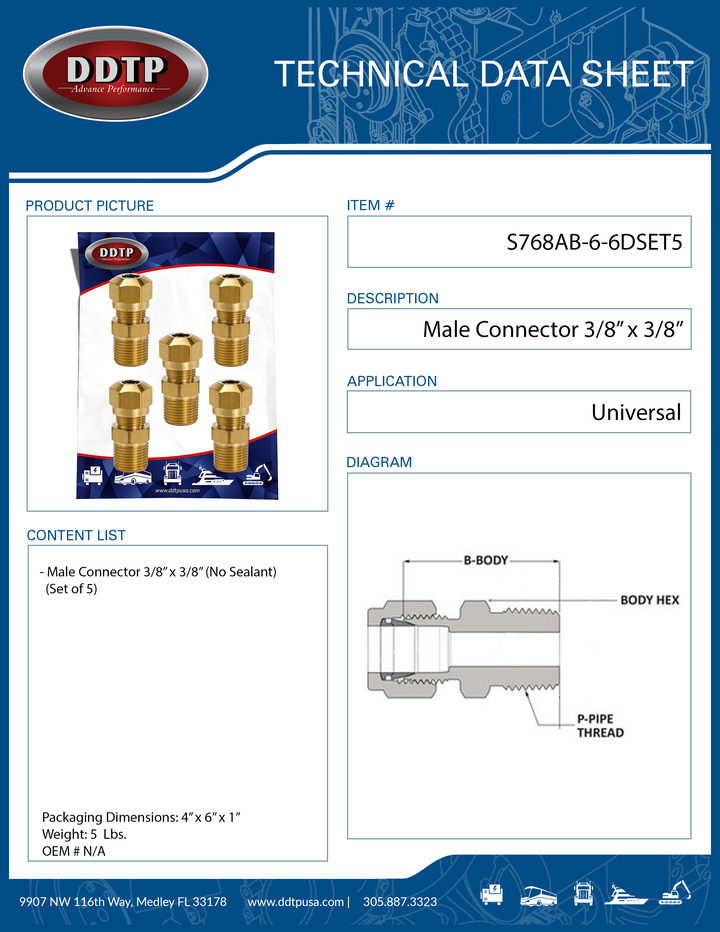 Brass Male Connector 3/8" x 3/8" (No Sealant) (Set of 5)