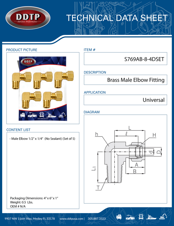 90° Brass Male Elbow Fitting 1/2"OD x 1/4"NPT (No Sealant) (Set of 5)