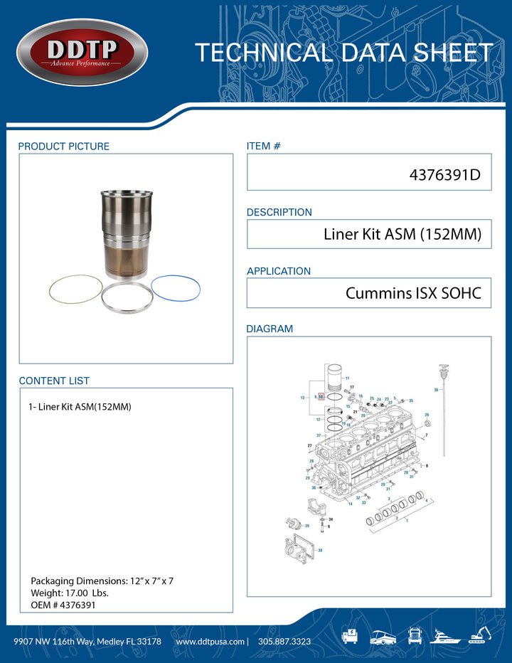 Cummins Cylinder Liner Kit – 152mm – ISX / ISX15 (4376391)