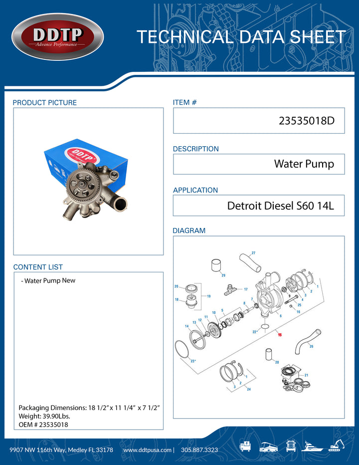 Brand New Water Pump Detroit Diesel S60 14L ( 23535018 )