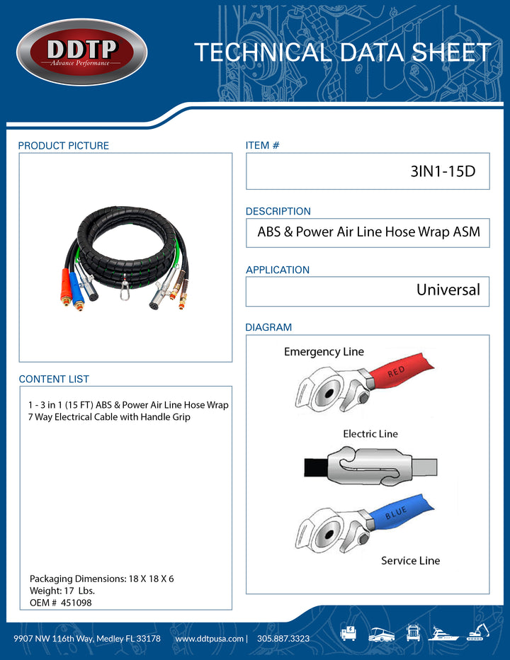 3 in 1 (15 FT) ABS & AMP, Power Air Line Hose Wrap 7 Way Electrical Cable with Handle Grip ( 451098 )