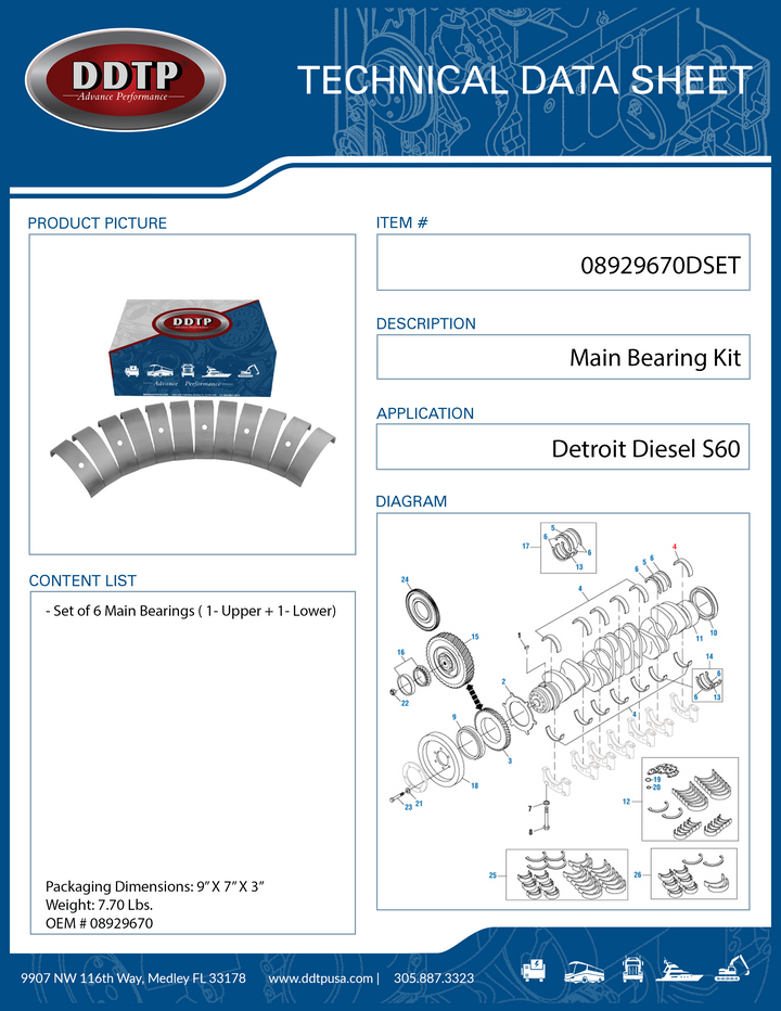 Set of 6 Crankshaft Main Bearings Set Detroit Diesel S60  (08929670)