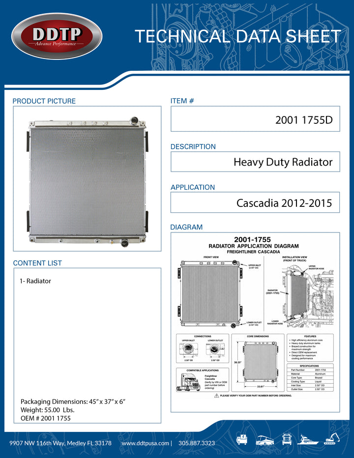 Heavy Duty Radiator for Freightliner Cascadia | Aluminum Core Engine Cooling Radiator (2001 1755)