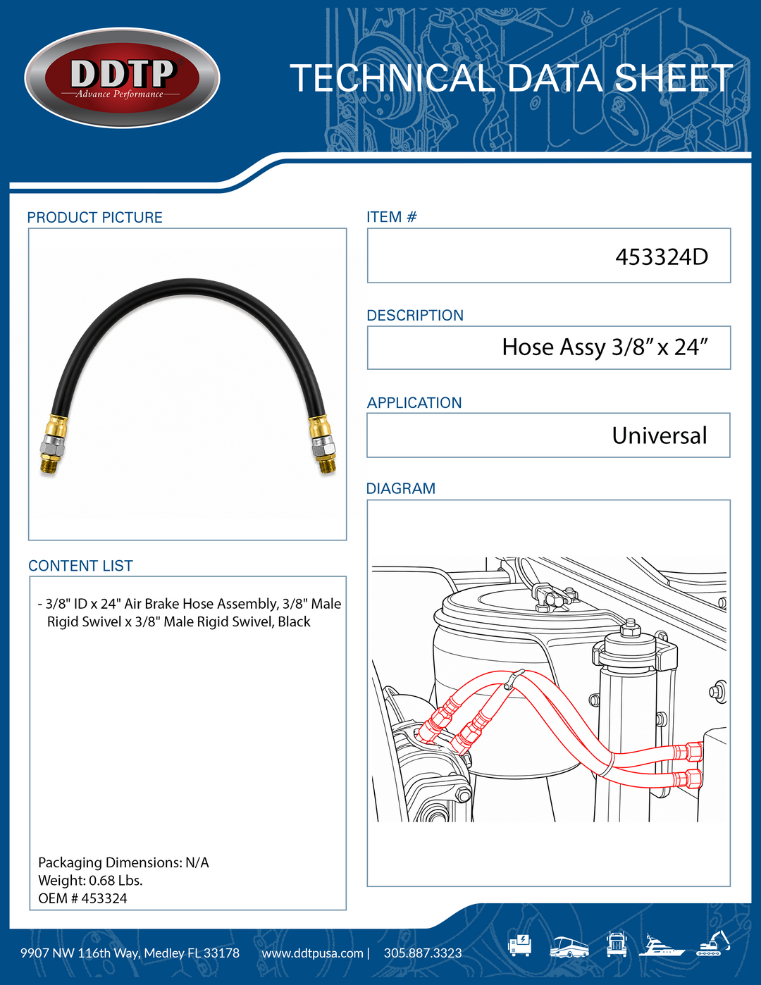 3/8" ID x 24" Air Brake Hose Assembly, 3/8" Male Rigid Swivel x 3/8" Male Rigid Swivel, Black