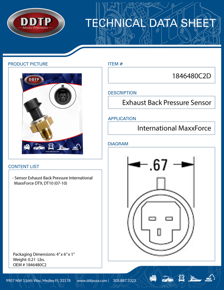 Sensor Exhaust Back Pressure International MaxxForce DT9, DT10 2007-2010