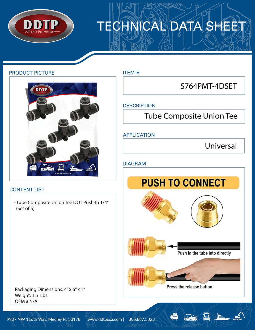 Tube Composite Union Tee DOT Push-In Fitting 1/4" (Set of 5)