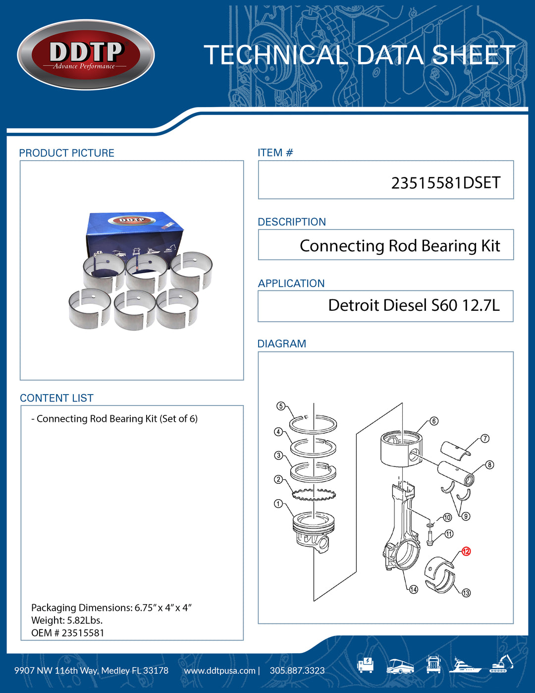 Connecting Rod Bearing Kit S60 12.7L Set of 6 ( 23515581 )
