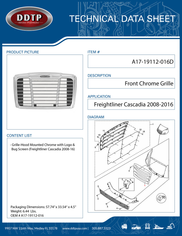 Chrome Grille-Hood with Logo and Bug Screen (Freightliner Cascadia 2008-16)