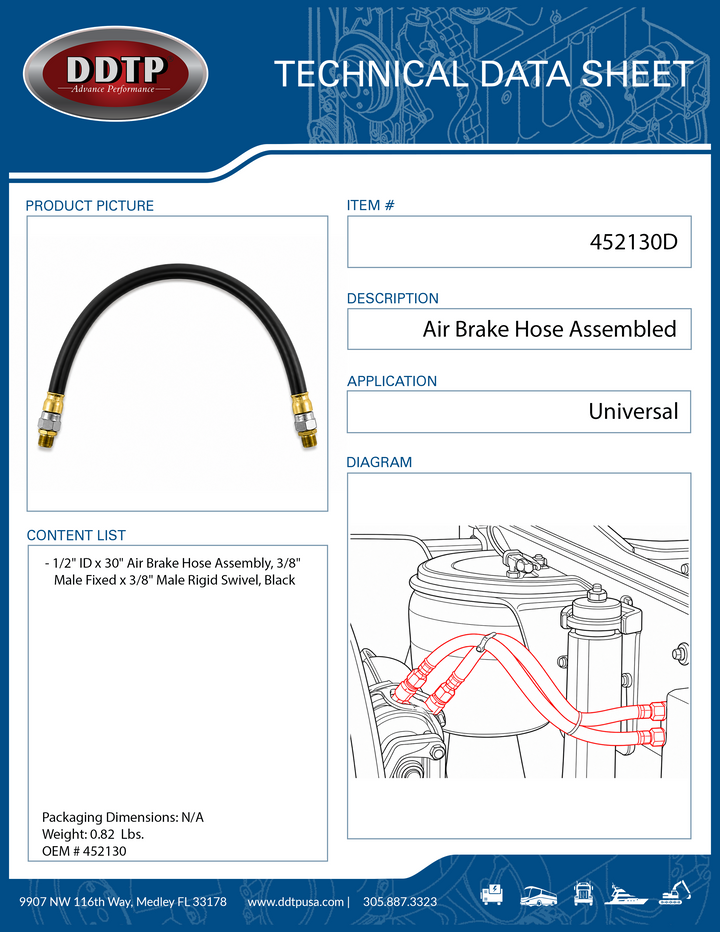 1/2" ID x 30" Air Brake Hose Assembly, 3/8" Male Fixed x 3/8" Male Rigid Swivel, Black