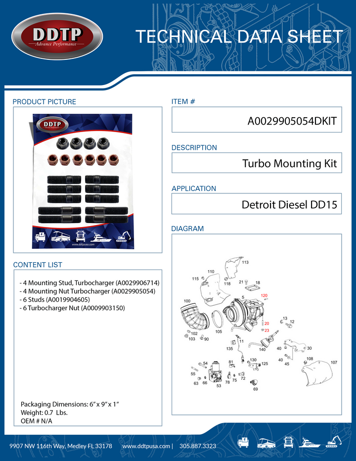 Turbocharger Mounting Kit Detroit Diesel DD15 (4 + 6 Nuts & 4 + 6 Studs)