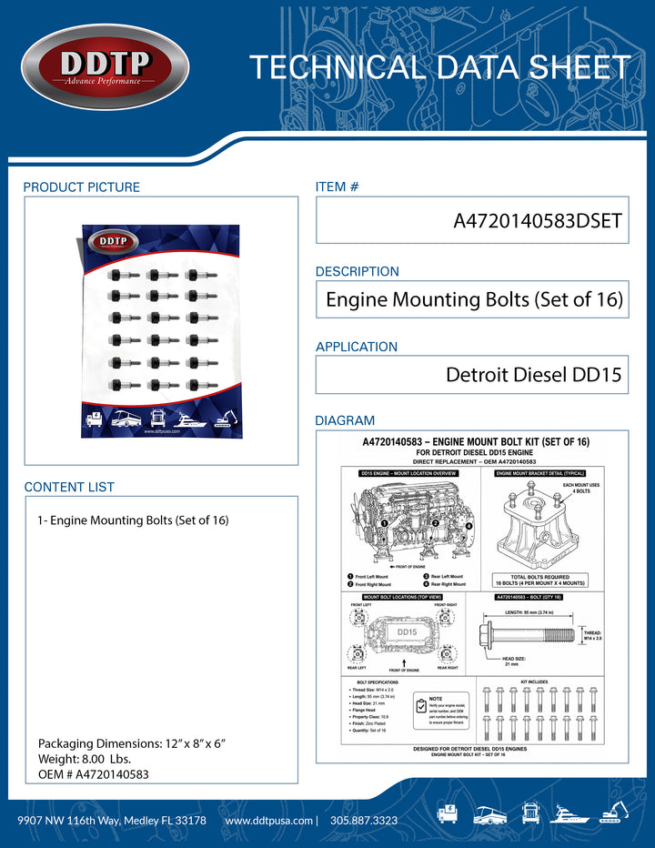 Detroit Diesel DD15 Engine Mount Bolt Kit | Heavy Duty Engine Mounting Bolts Set of 16 (A4720140583)