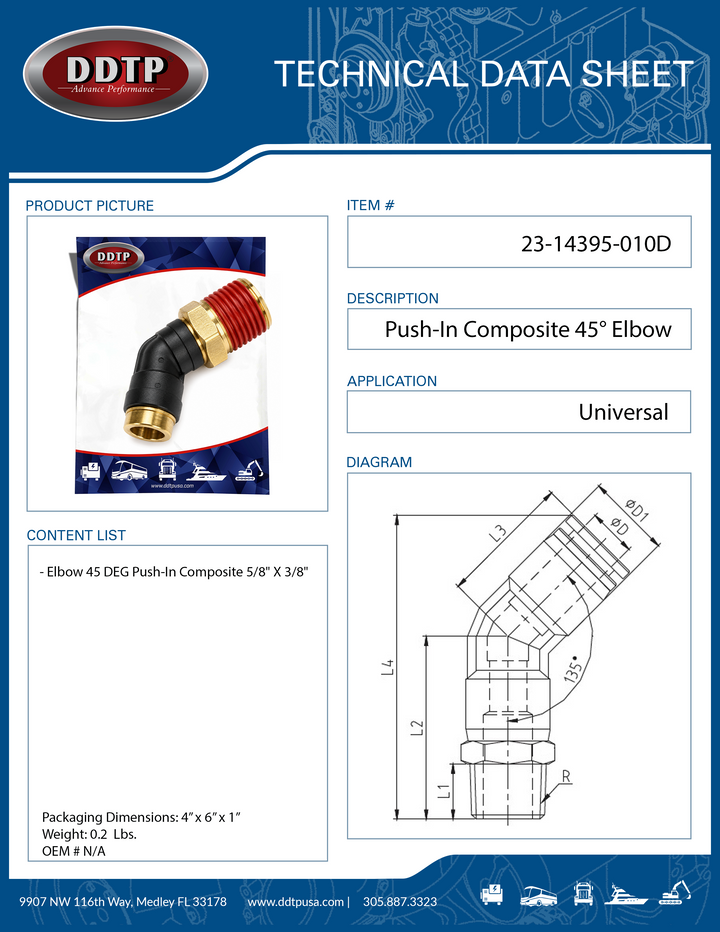 Push-In Composite 45° Elbow Fitting 5/8" X 3/8"