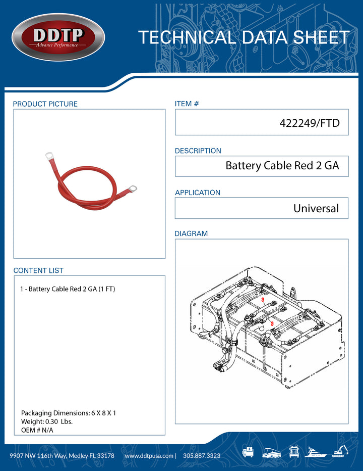 Battery Cable Red 2 GA  1 FT ( 422249/FTD )