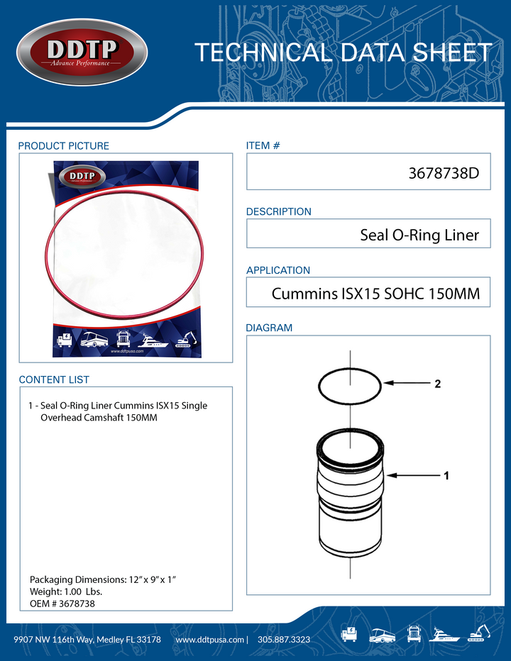 Seal O-Ring Liner Cummins ISX15 Single Overhead Camshaft 150MM