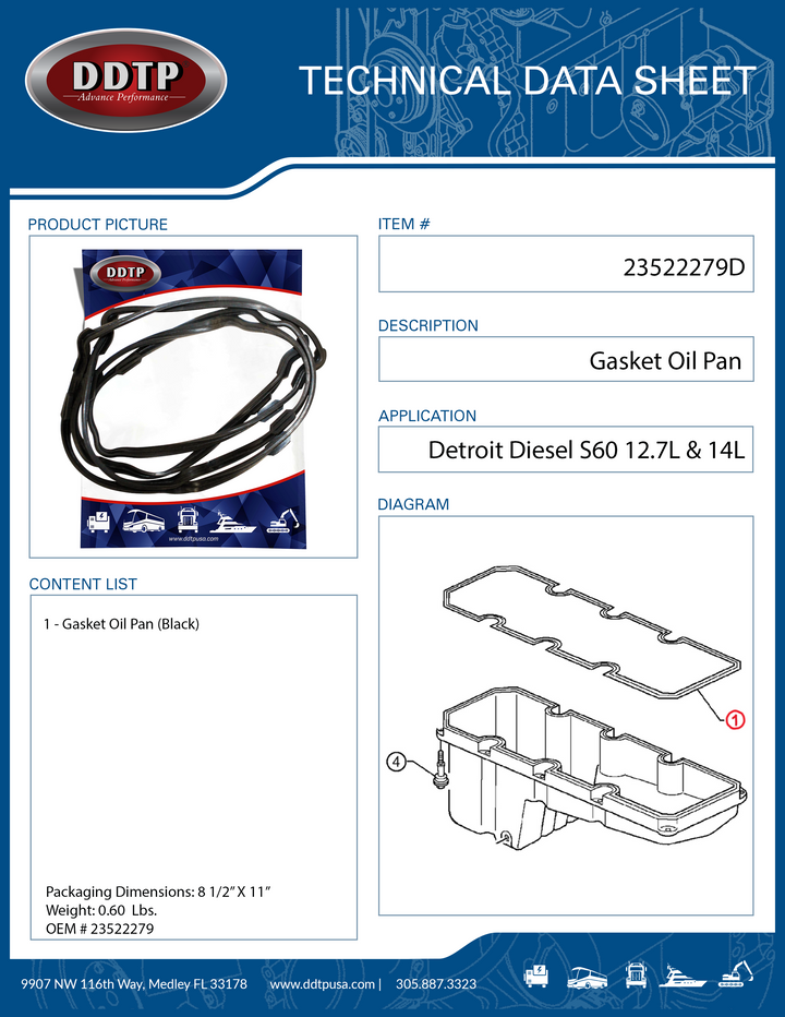 Oil Pan Gasket Black Detroit Diesel  S60 12.7 & 14L (23522279)