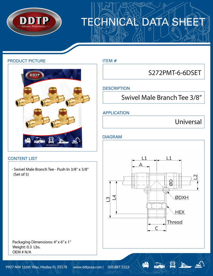 Conector en T macho giratorio de latón de 3/8" x 3/8" (juego de 5)