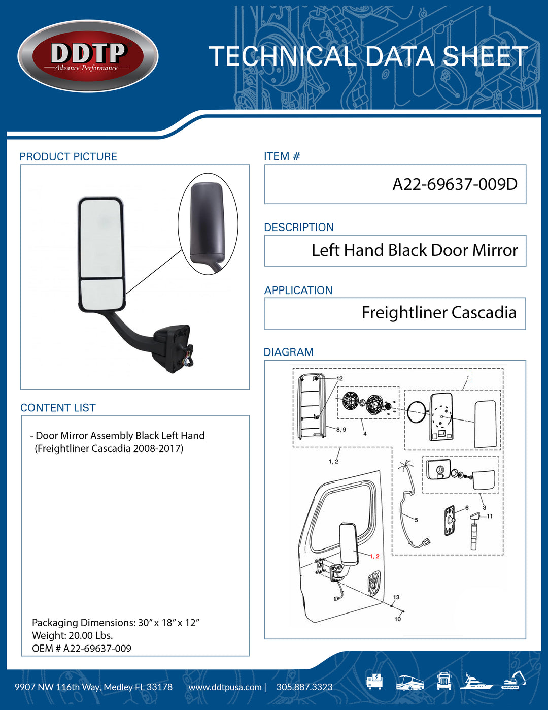 Door Mirror Assembly Black Left Hand (Freightliner Cascadia 2008-2017)