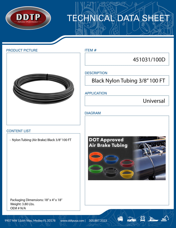 Black Nylon Tubing (Air Brake) 3/8" 100 FT