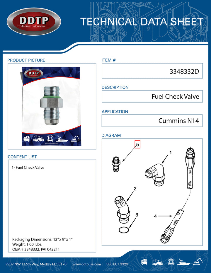 Fuel Check Valve Cummins N14 (3348332)