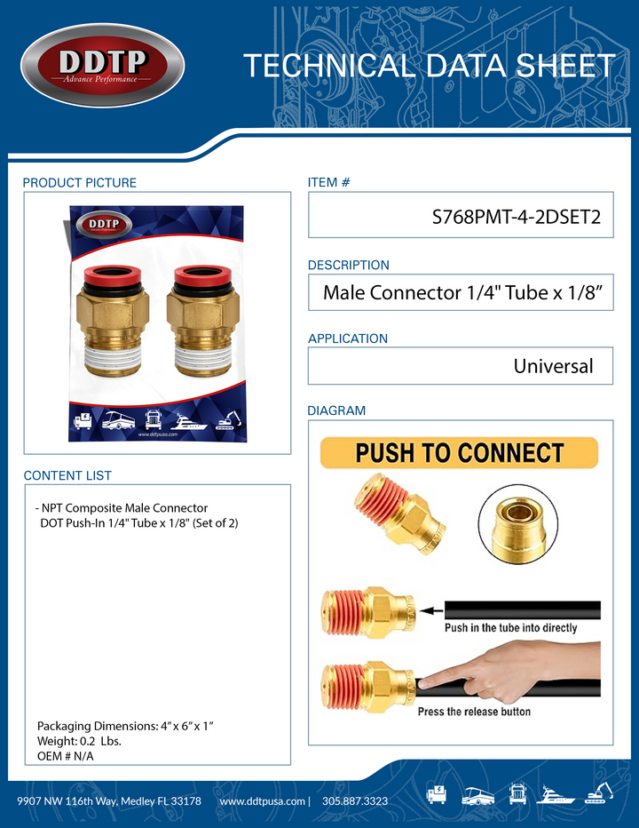 Conector macho compuesto NPT, conexión a presión DOT, tubo de 1/4" x 1/8" (juego de 2)