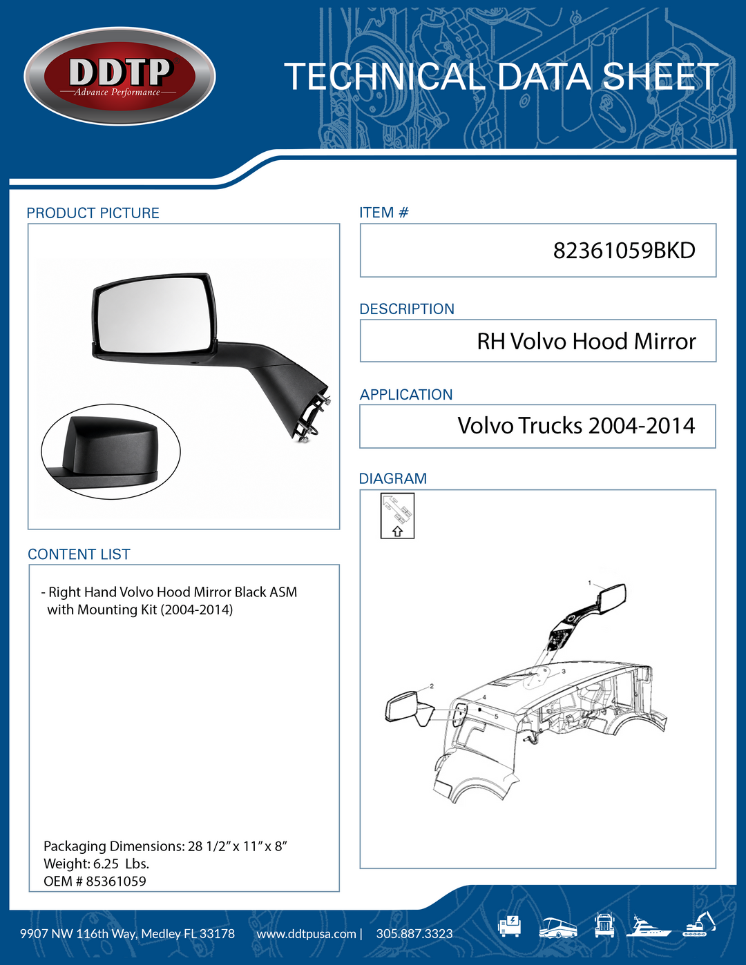Black Right Hand Volvo Hood Mirror with Mounting Kit 2004-2014