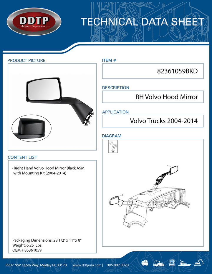 Black Right Hand Volvo Hood Mirror with Mounting Kit 2004-2014