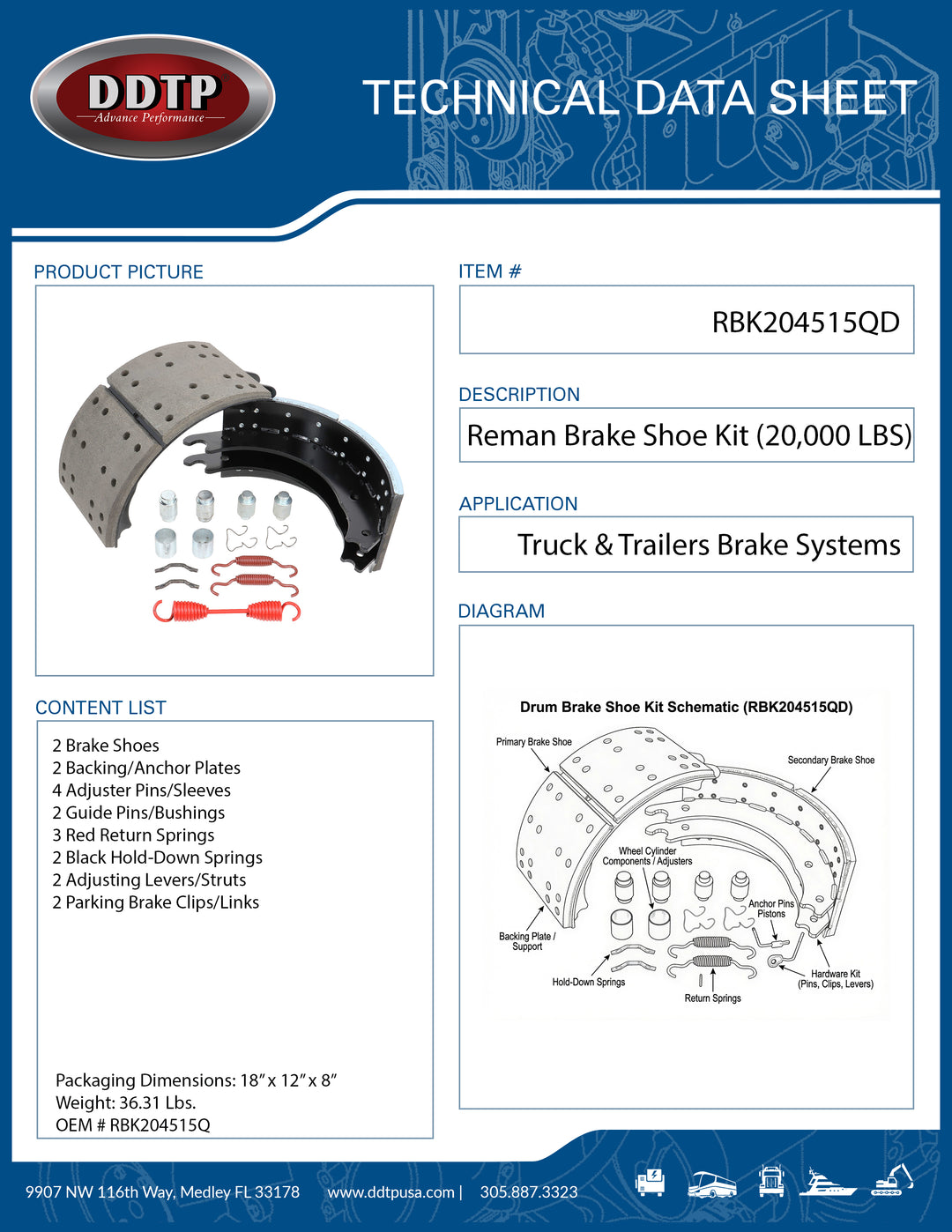 Brake Shoe Assembly Kit 20,000Lbs W/ Hardware Kit (RBK204515Q)
