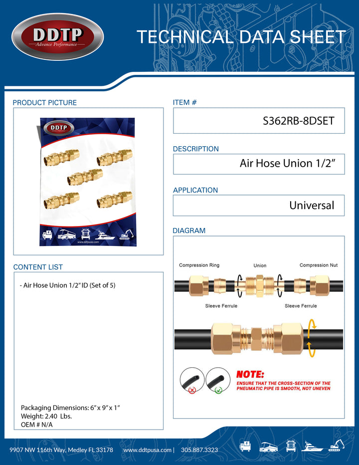Brass Air Hose Union 1/2" ID (Set of 5)