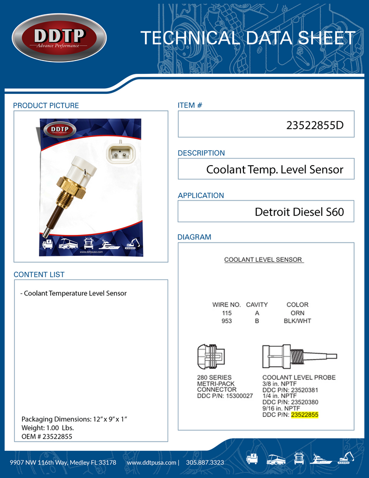 Engine Coolant Level Sensor Detroit Diesel S60