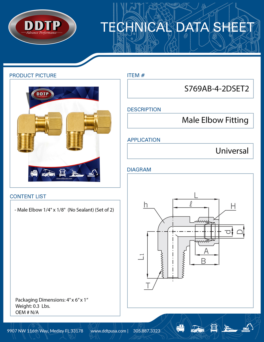 90° Brass Male Elbow Fitting 1/4" x 1/8" (No Sealant) (Set of 2)