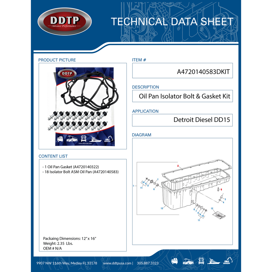 Conjunto de perno aislador del cárter de aceite con kit de junta DD15 (A4720140583)