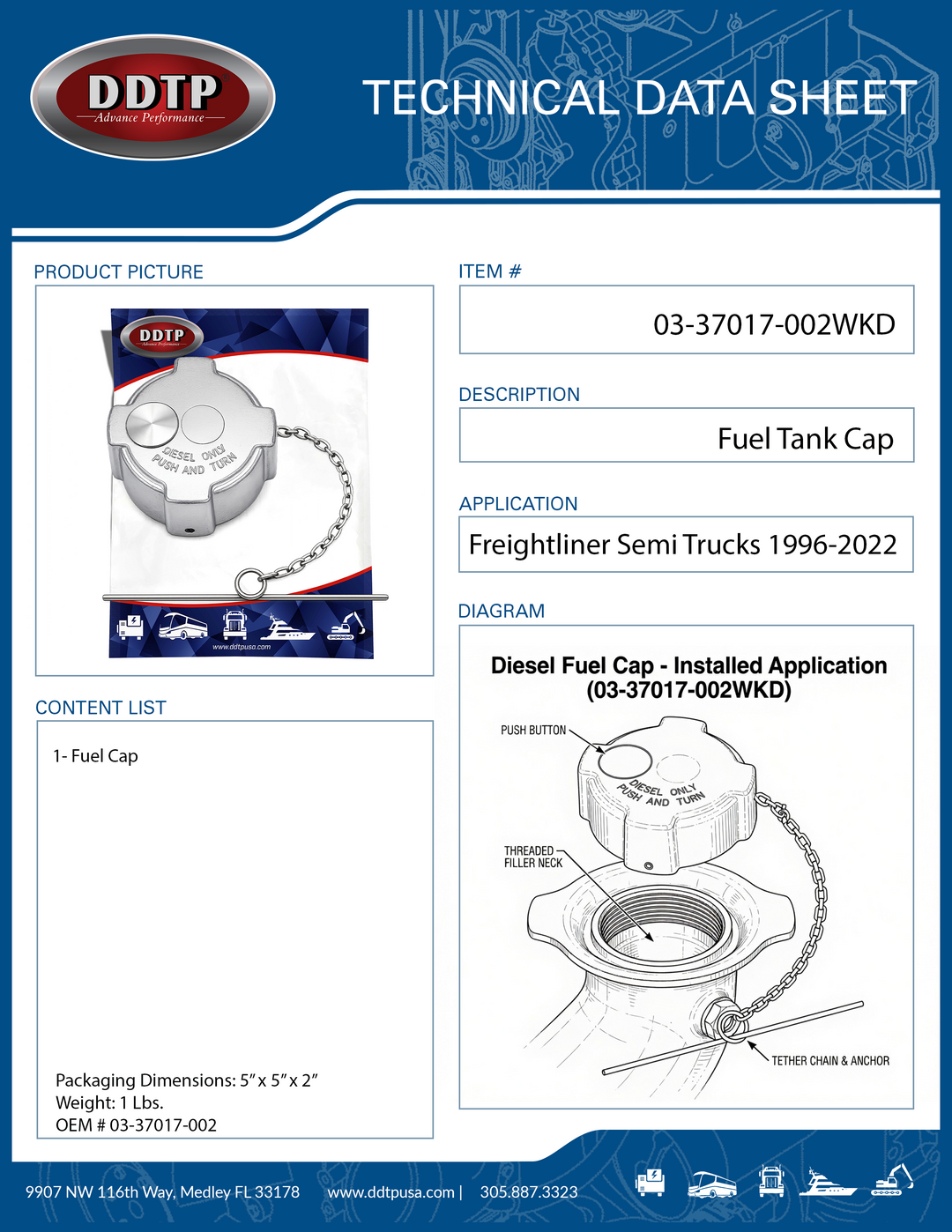Locking Fuel Tank Cap Freightliner Cascadia, Columbia, Century, Coronado & M2
