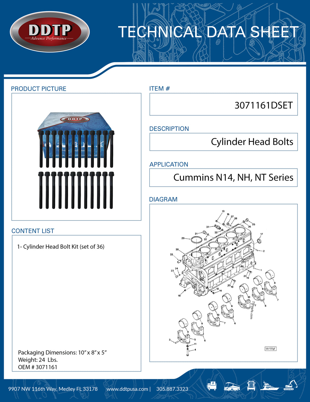 Cylinder Head Bolt Set (36 Pieces) for Cummins N14, NH & NT Series Engines (3071161)