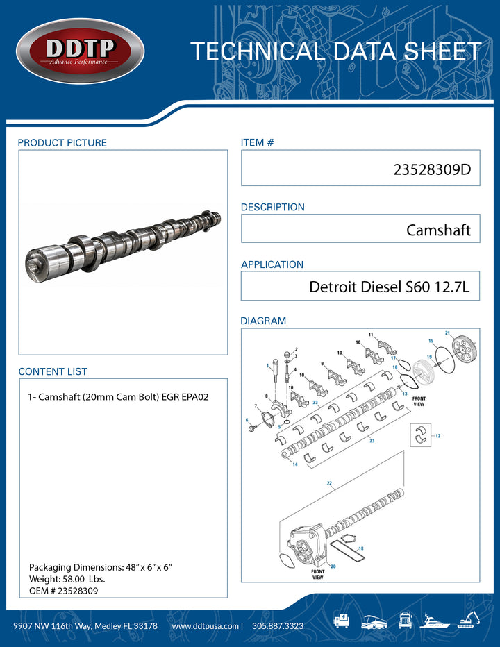 Camshaft Detroit Diesel S60 12.7L EGR EPA02 (20mm Cam Bolt)