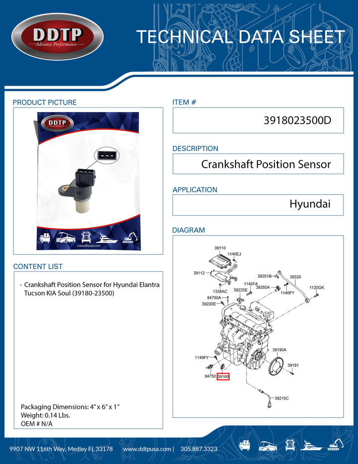 Crankshaft Position Sensor for Hyundai Elantra Tucson KIA Soul (39180-23500)