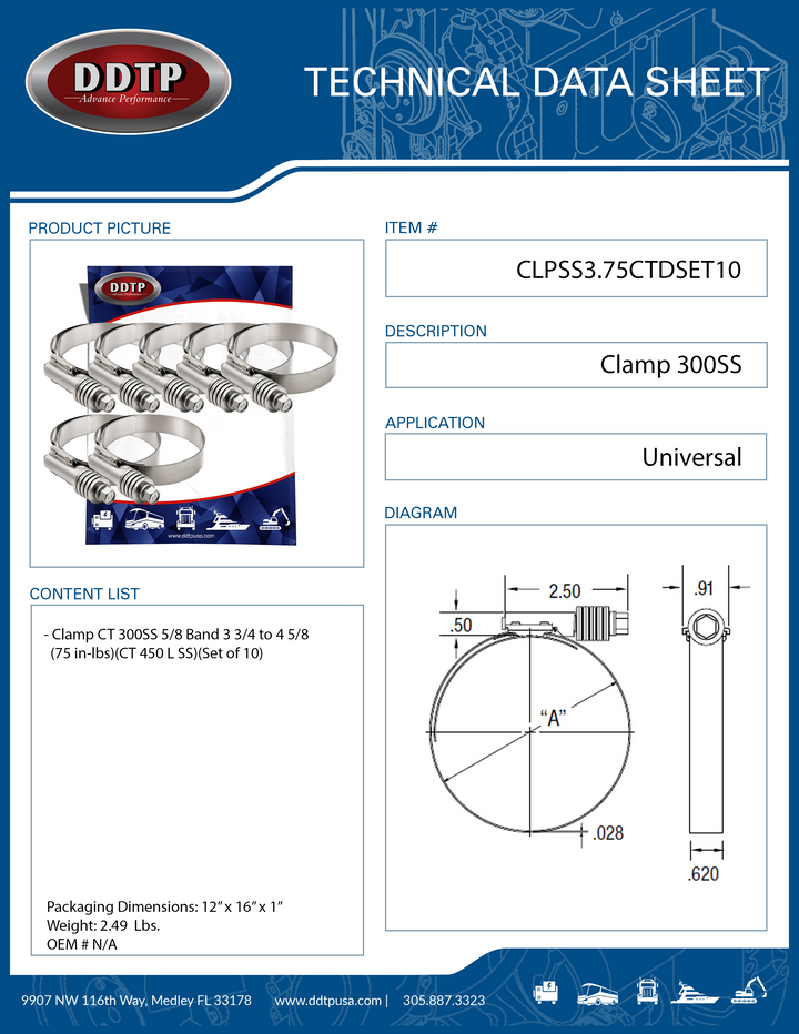 Clamp CT 300SS 5/8 Band 3 3/4 to 4 5/8 (75 in-lbs)(CT 450 L SS)(Set of 10)