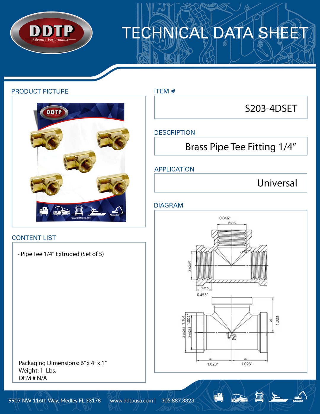 Brass Pipe Tee Fitting 1/4” Extruded (Set of 5)