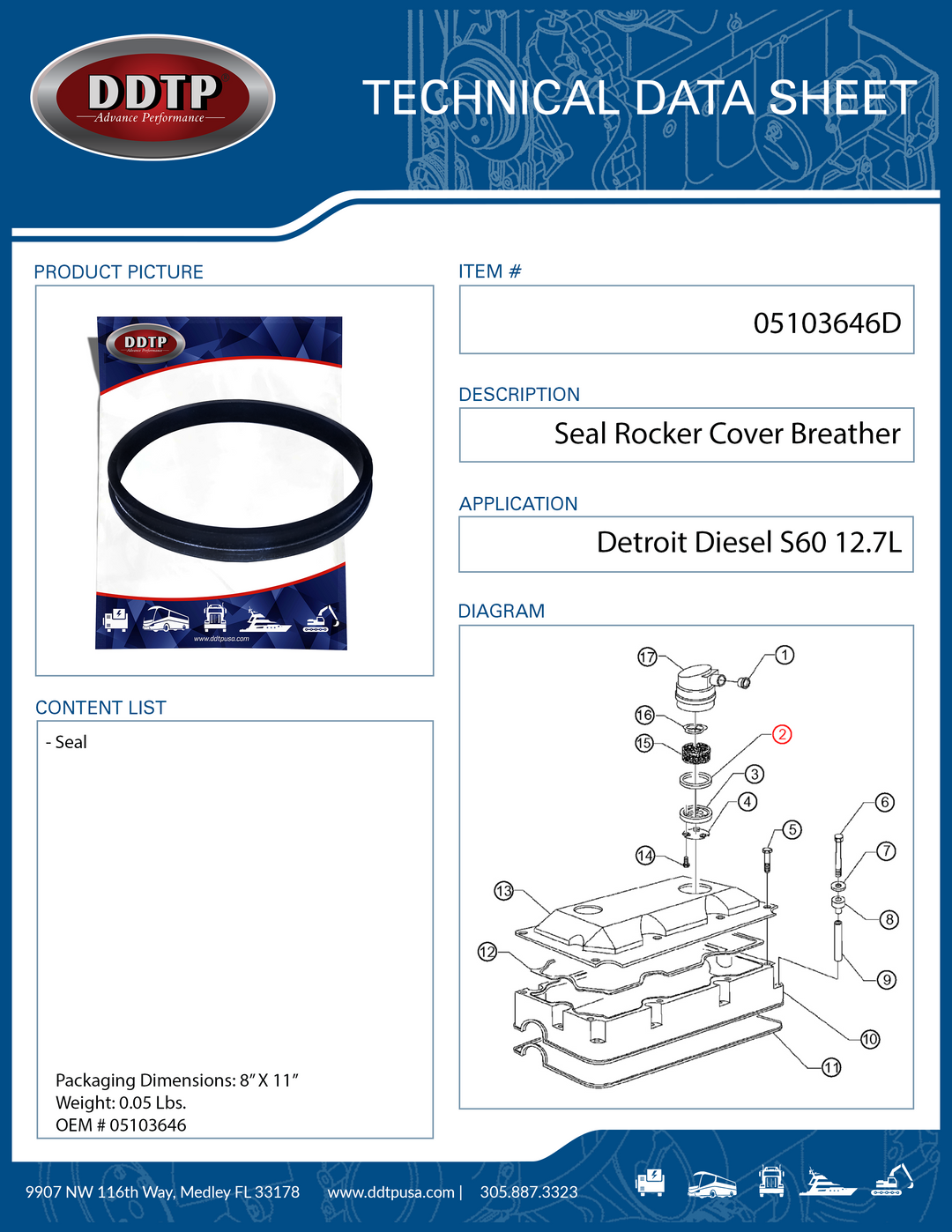 Seal Rocker Cover Breather Detroit Diesel S60 12.7L (05103646)