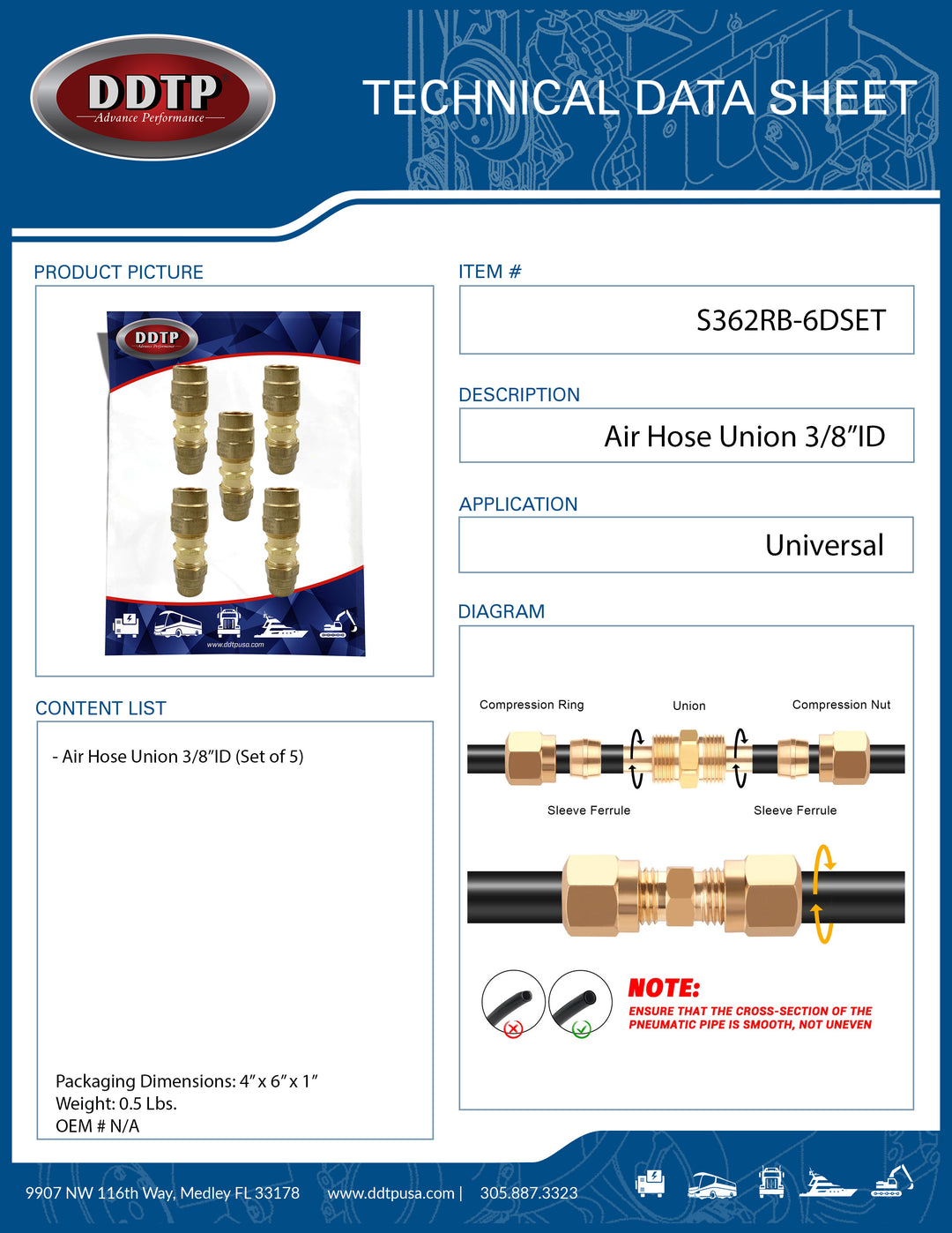 Brass Air Hose Union Fitting 3/8" ID (Set of 5)