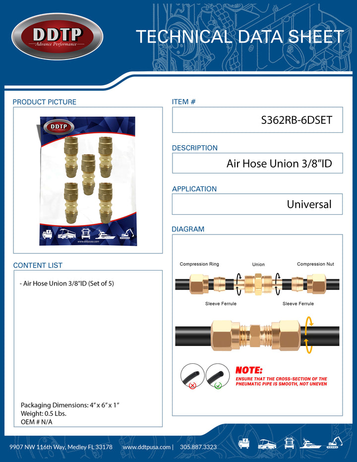 Brass Air Hose Union Fitting 3/8" ID (Set of 5)