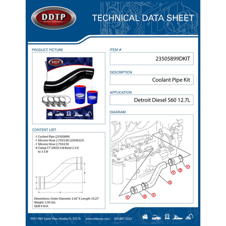 Kit de tubería de refrigerante S60 12,7 L, 12,7 L EGR, 14,0 L (23505899, 23506325)