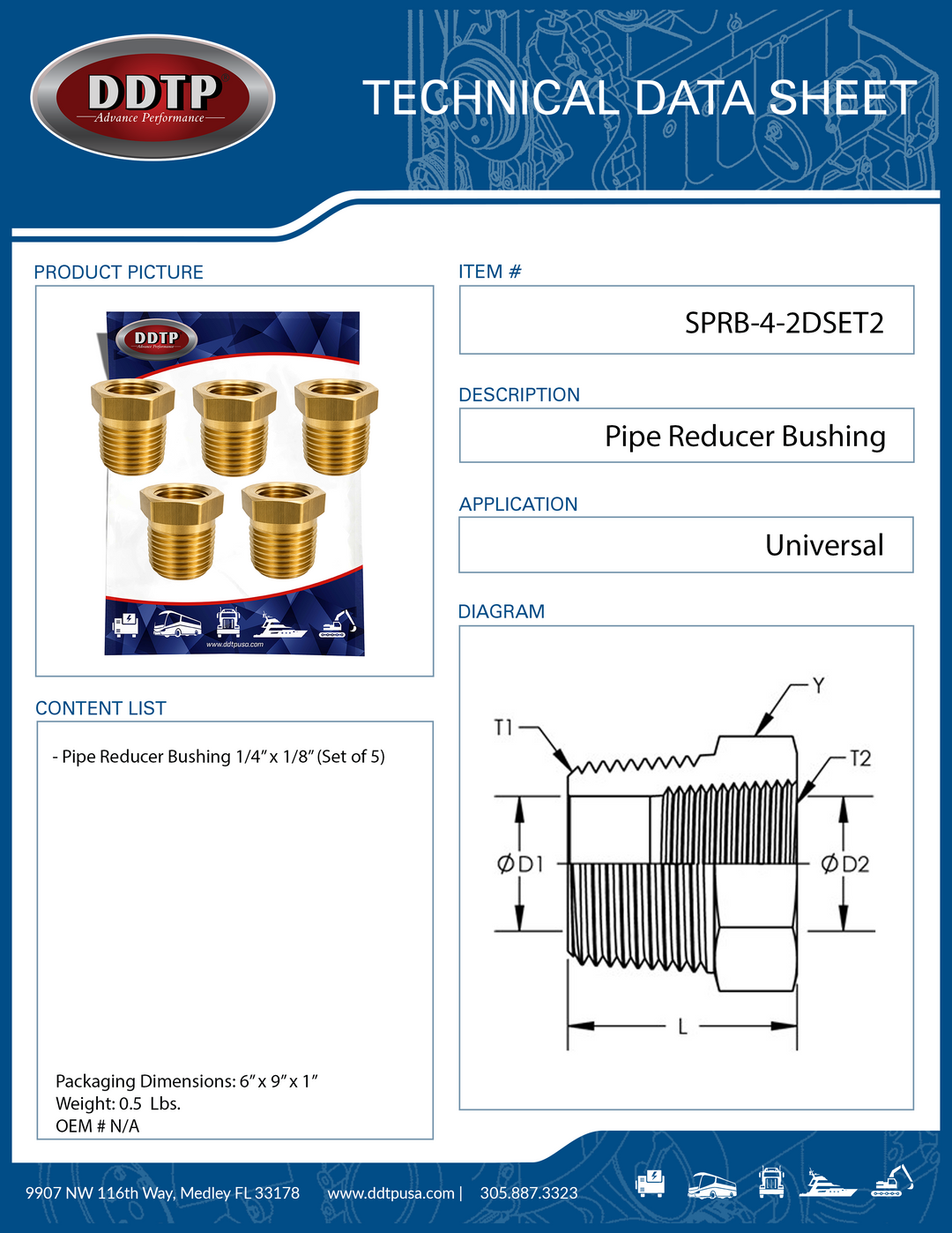 Brass Pipe Reducer Bushing 1/4" x 1/8" (Set of 5)