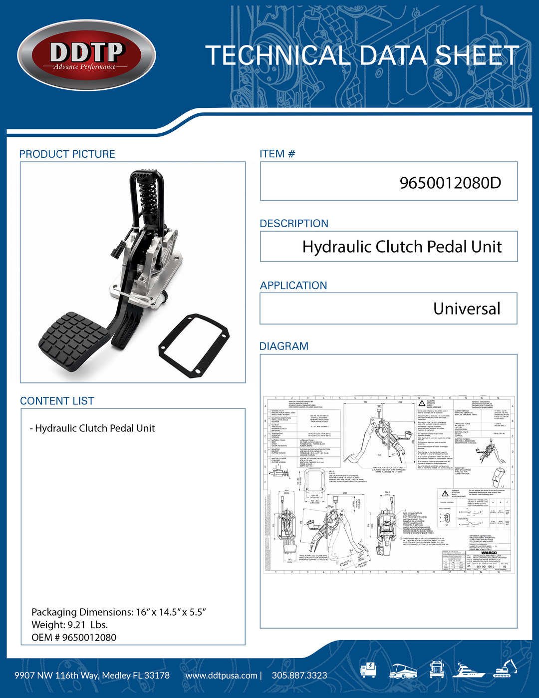 Hydraulic Clutch Pedal Unit - Brake fluid SAE J1703, 215.0 mm Stroke